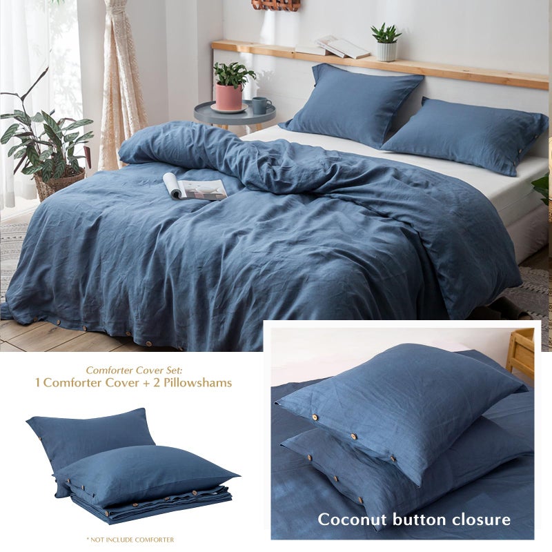 Simple&Opulence 100% Linen Duvet Cover Set, 3 Pieces Belgian Flax Breathable Bedding, 1 Comforter Cover+2 Pillowshams with Coconut Button Closure(Queen,Classic Blue) - Image 3